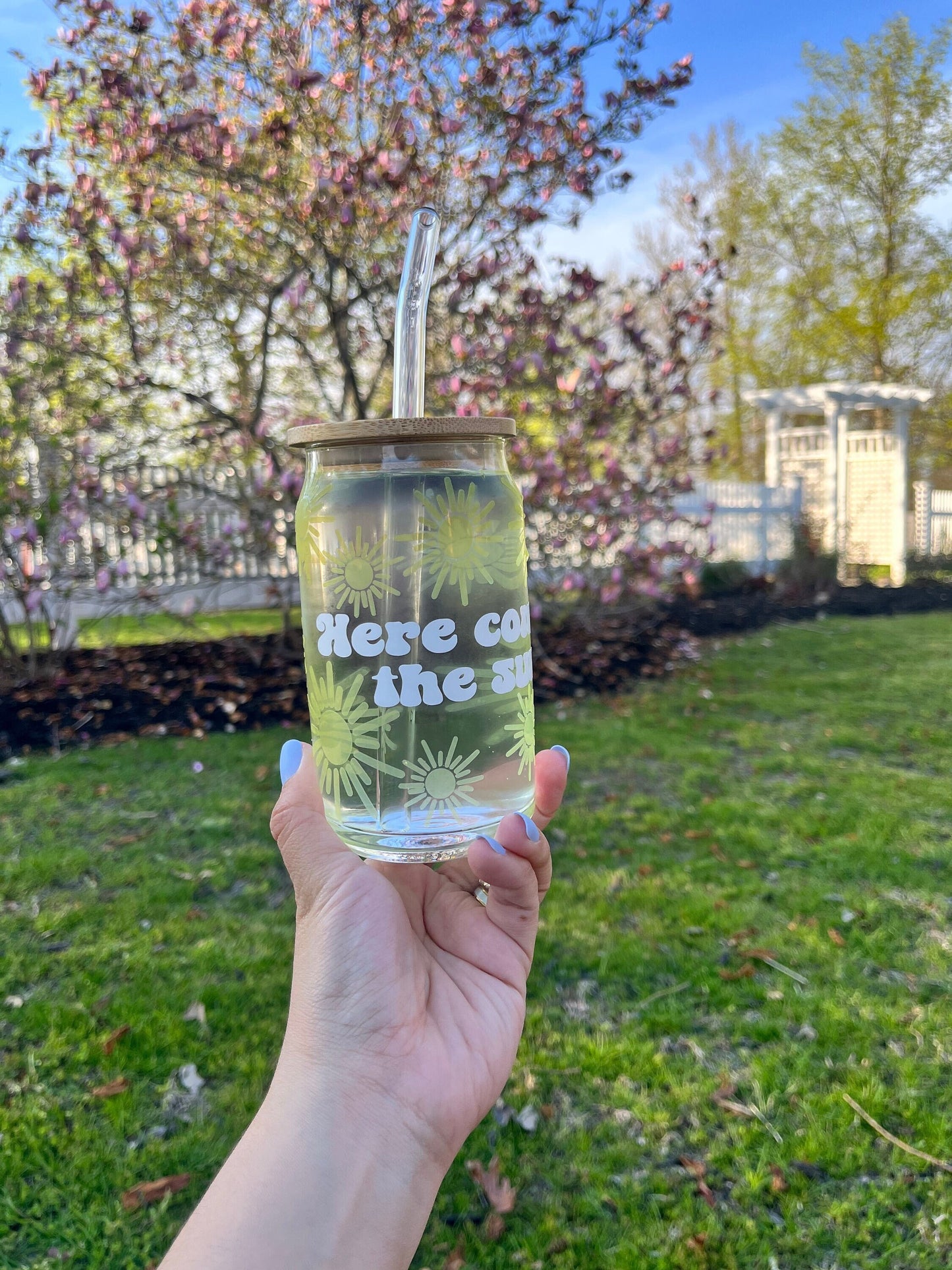 Here Comes The Sun Custom Glass Cup, Christmas Gift, Summer Vibes Aesthetic, Iced Coffee Lover Gift, Stocking stuffer christmas gift.