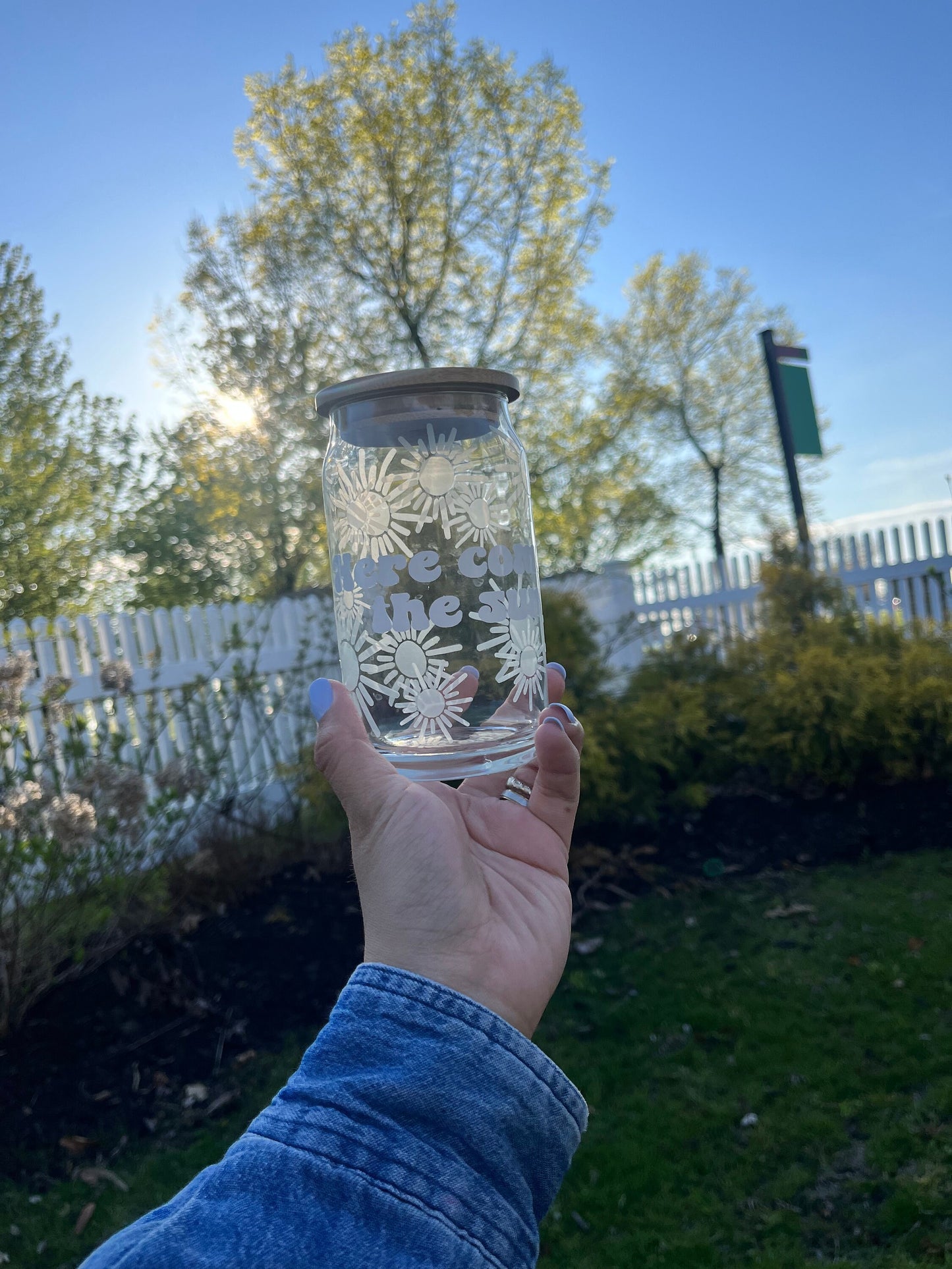 Here Comes The Sun Custom Glass Cup, Christmas Gift, Summer Vibes Aesthetic, Iced Coffee Lover Gift, Stocking stuffer christmas gift.