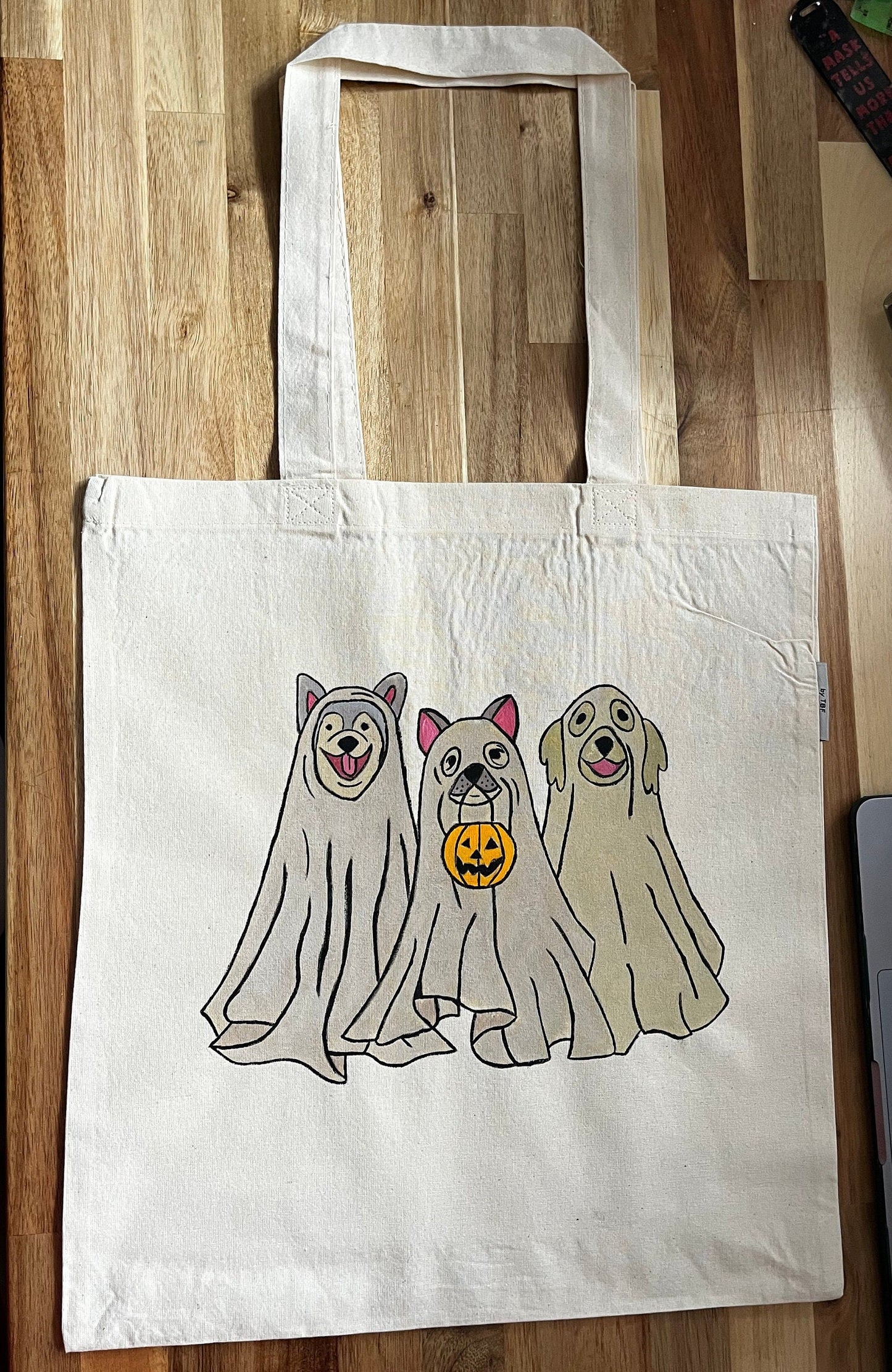 Hand Painted tote bag, aesthetic tote bag, eco friendly reusable tote bag, ghost dogs tote bag, dog mom tote bag, dog lover's tote bag.