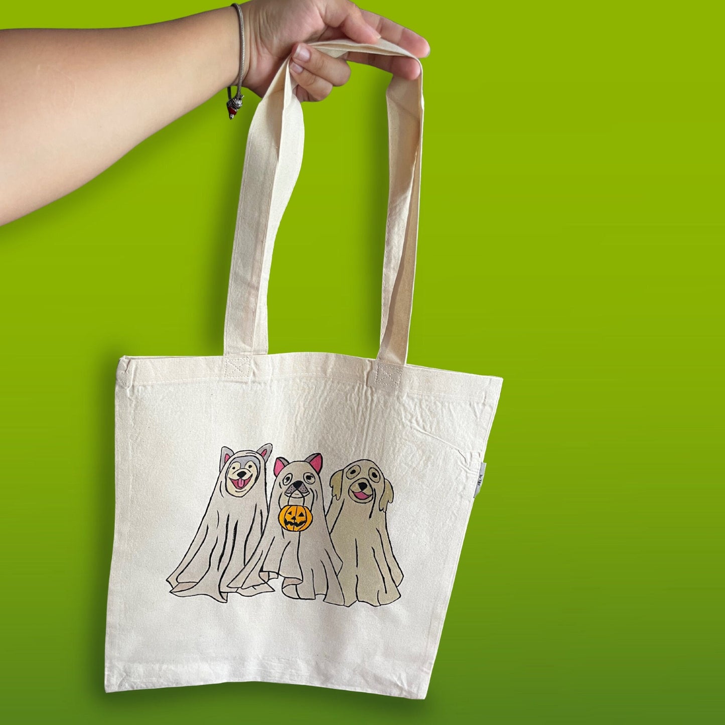 Hand Painted tote bag, aesthetic tote bag, eco friendly reusable tote bag, ghost dogs tote bag, dog mom tote bag, dog lover's tote bag.