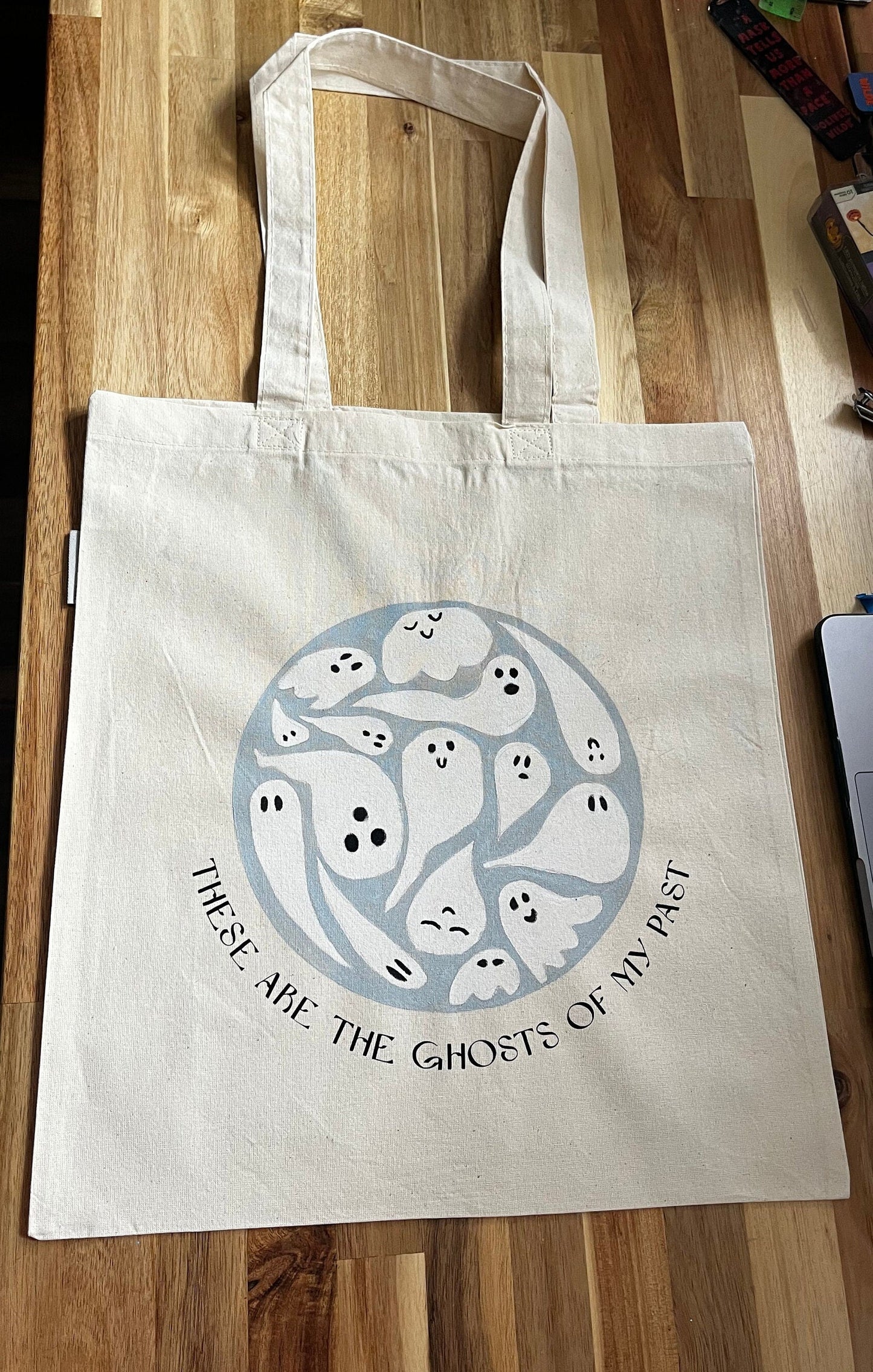 Hand-Painted Crystal Ball Ghosts Tote Bag, Christmas Gift, Stocking Stuffer, Unique Artistry, Eco-Friendly, Reusable Organic Cotton Tote Bag
