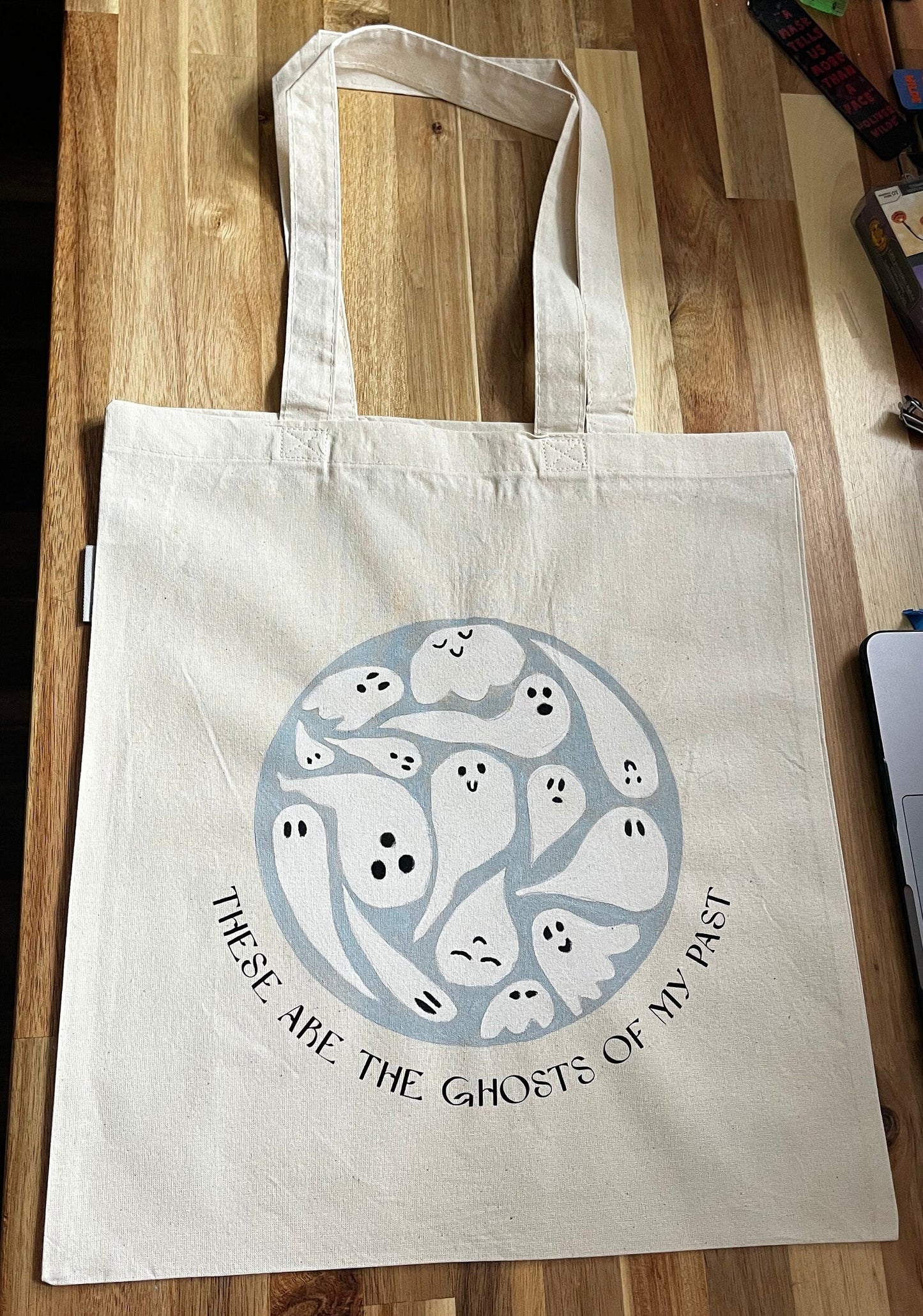Hand-Painted Crystal Ball Ghosts Tote Bag, Christmas Gift, Stocking Stuffer, Unique Artistry, Eco-Friendly, Reusable Organic Cotton Tote Bag