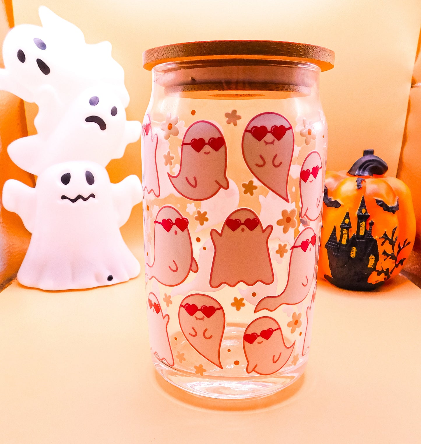 cute ghost wrap around 16 oz glass cup, eco friendly glass cup, cute halloween glass cup, retro ghost glass cup
