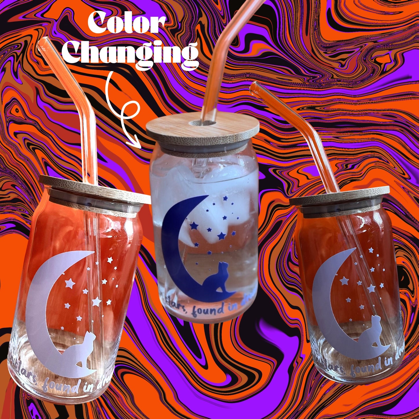 cute halloween glass cup, Stocking Stuffer, inspirational color changing glass tumbler, iced coffee glass tumbler, aesthetic glass tumbler.