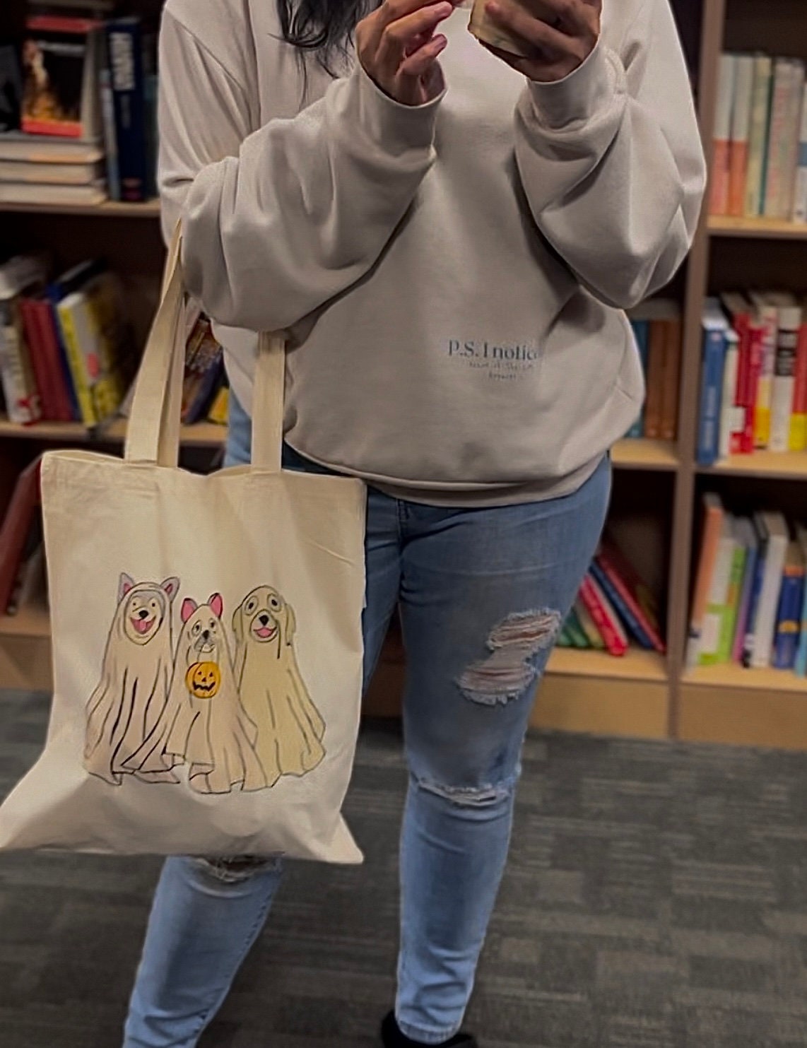 Hand Painted tote bag, aesthetic tote bag, eco friendly reusable tote bag, ghost dogs tote bag, dog mom tote bag, dog lover's tote bag.