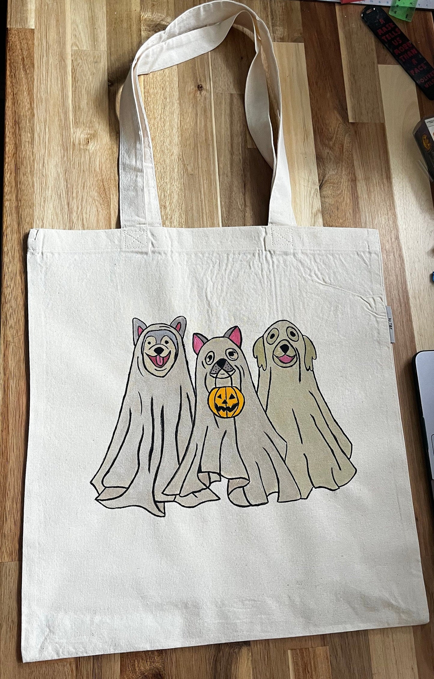 Hand Painted tote bag, aesthetic tote bag, eco friendly reusable tote bag, ghost dogs tote bag, dog mom tote bag, dog lover's tote bag.