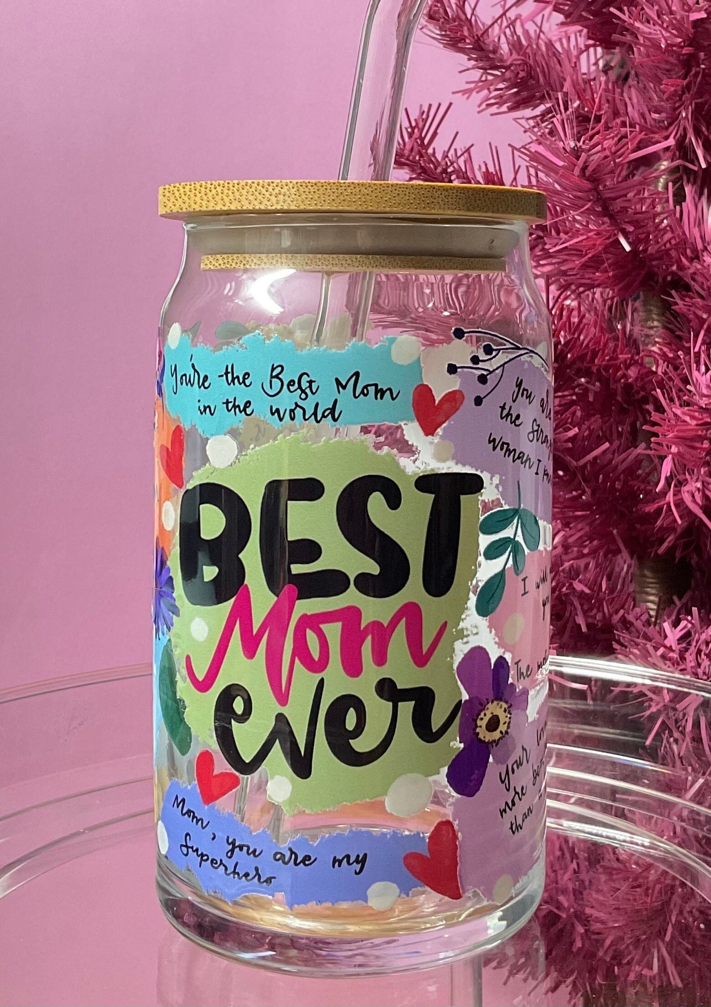 Best mom ever themed glass cup, gift for mom, stocking stuffer, Christmas gift, iced coffee cup, gift for her, anniversary gift.